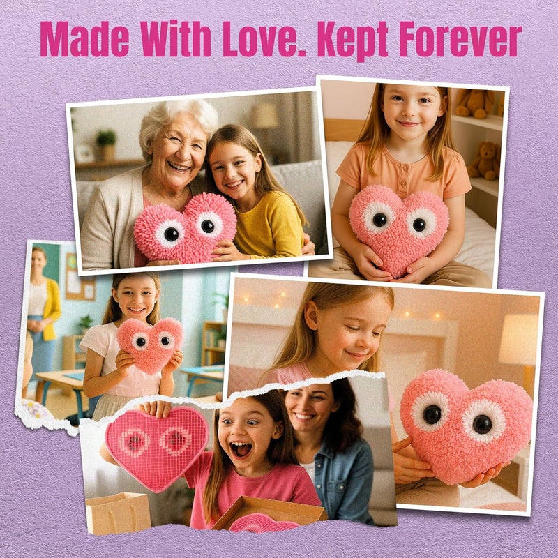 CRAFTILOO Latch Hook Kit for Kids Rug DIY Pillow Craft with Hook, Precut Yarn, Easy to Follow Pattern Cute Designs with Googley Eyes Heart Ages 6+ - Image 3
